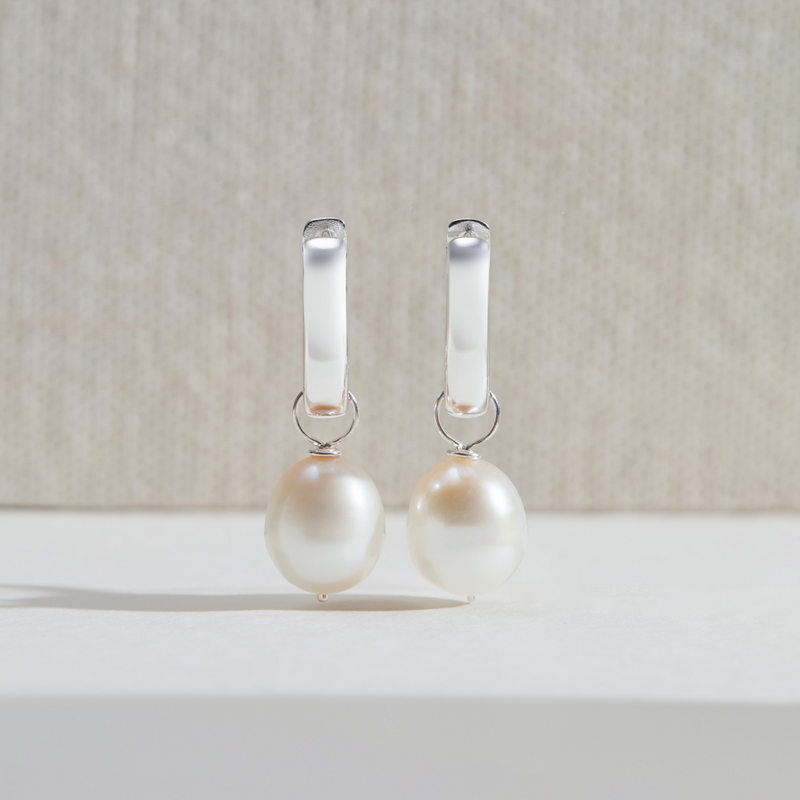 Silver Thick Squared Hoop Pearl Drop Earrings