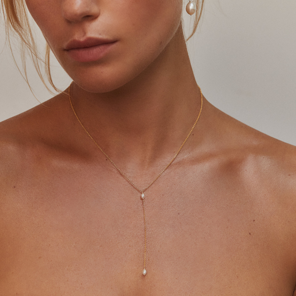 Gold Double Seed Pearl Lariat Necklace