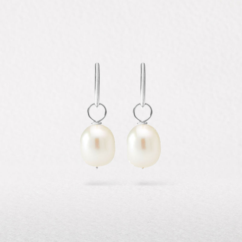 Solid White Gold Large Pearl Drop Hoop Earrings