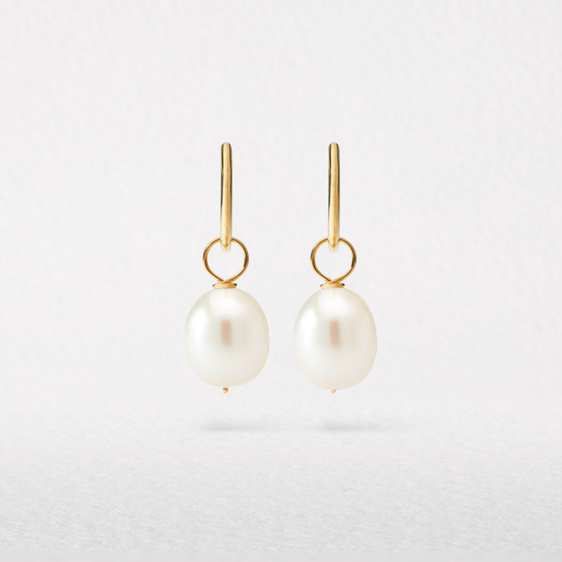 Solid Gold Large Pearl Drop Hoop Earrings