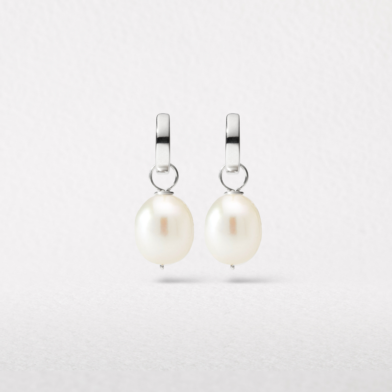 Silver Plain Huggie Pearl Drop Hoop Earrings