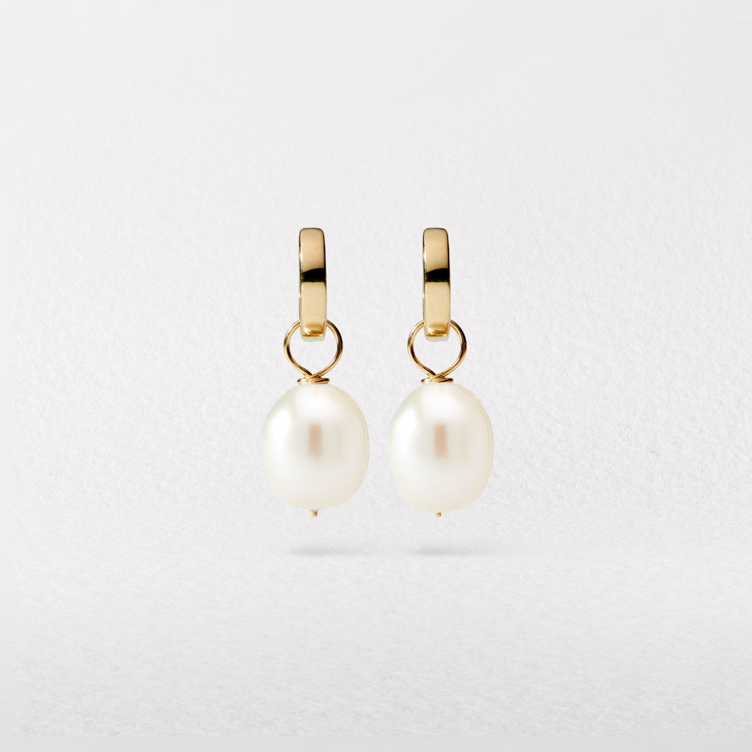 Gold Tone Plain Huggie Pearl Drop Hoop Earrings (Base Metal)