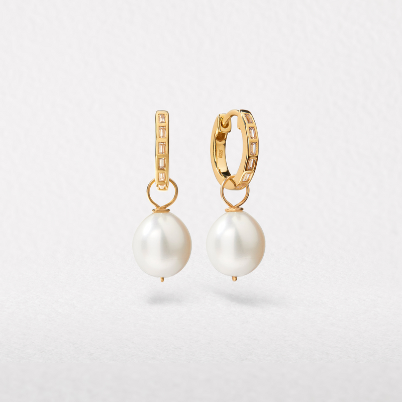 Gold Diamond Style Baguette Pearl Drop Hoop Earrings