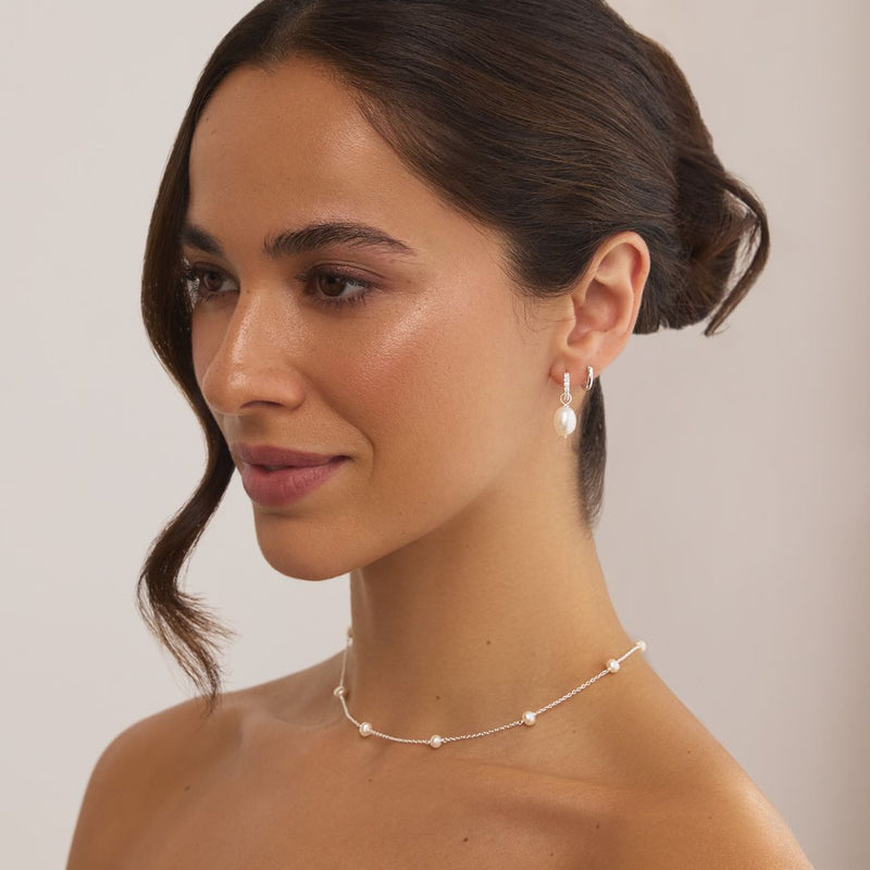 Solid White Gold Genuine Diamond Huggie Pearl Drop Earrings