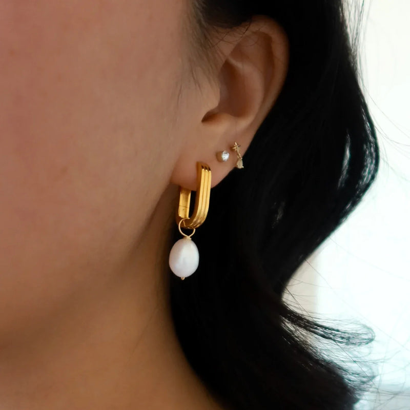 Gold Ribbed Pearl Drop Hoop Earrings