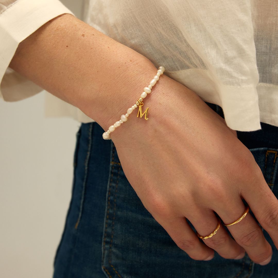 Silver-Tone Pearl-Style Initial Letter Bracelet