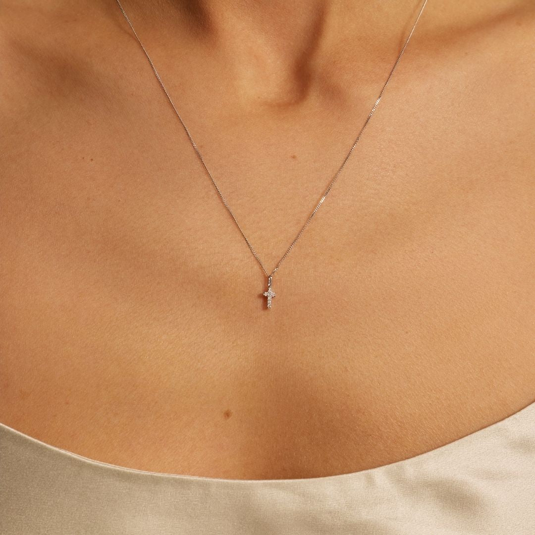 White Gold-Tone Crystal-Style Tiny Cross Necklace
