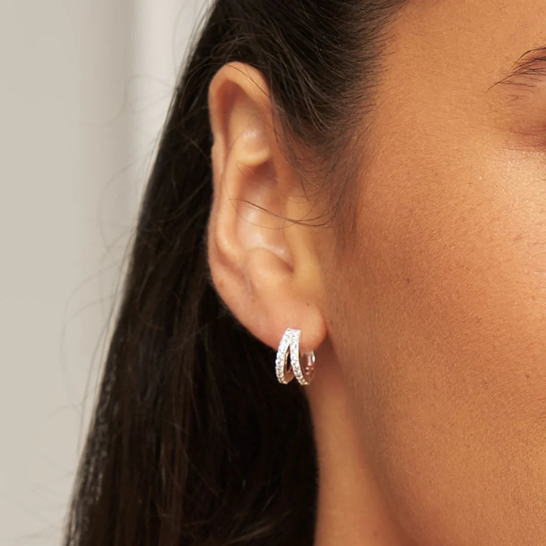 Silver-Tone Double Crystal-Style Huggie Hoop Earrings