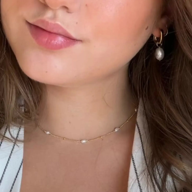 Gold Thick Squared Hoop Pearl Drop Earrings