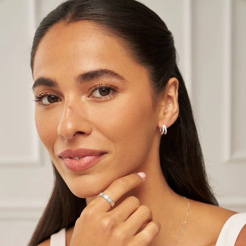 Silver Double Diamond Style Huggie Hoop Earrings