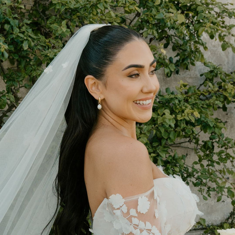 Gold Thick Squared Hoop Pearl Drop Earrings