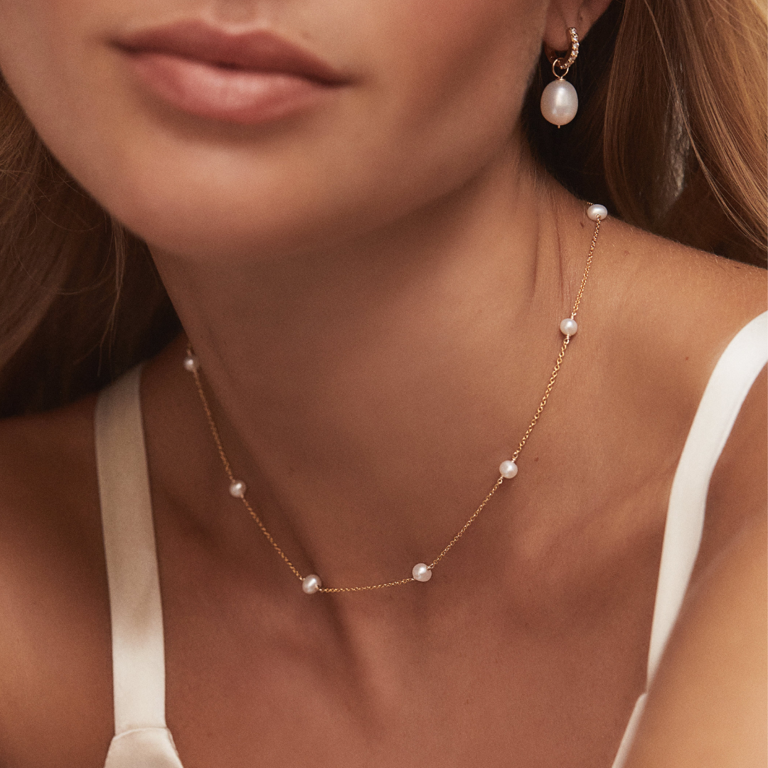 Gold-Tone Pearl-Style Drop Huggie Earrings and Beaded Choker Set