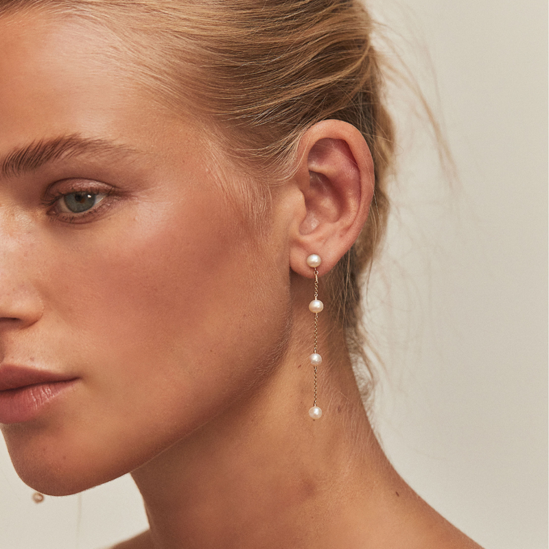 Gold Four Pearl Drop Earrings