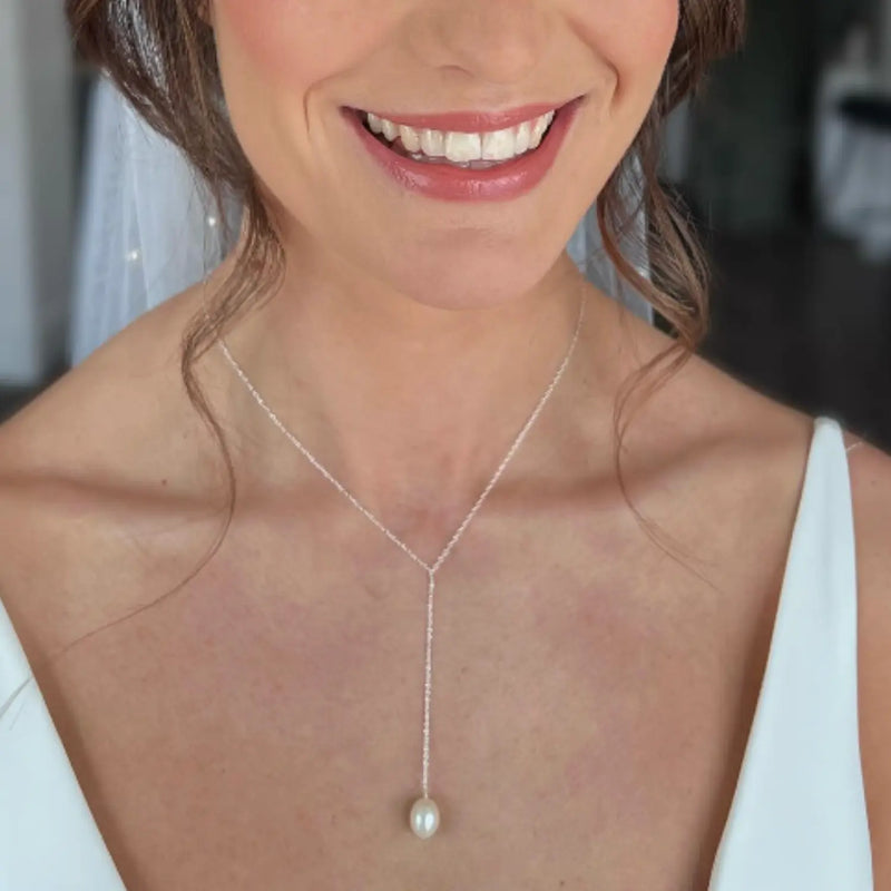 Silver Large Pearl Lariat Necklace