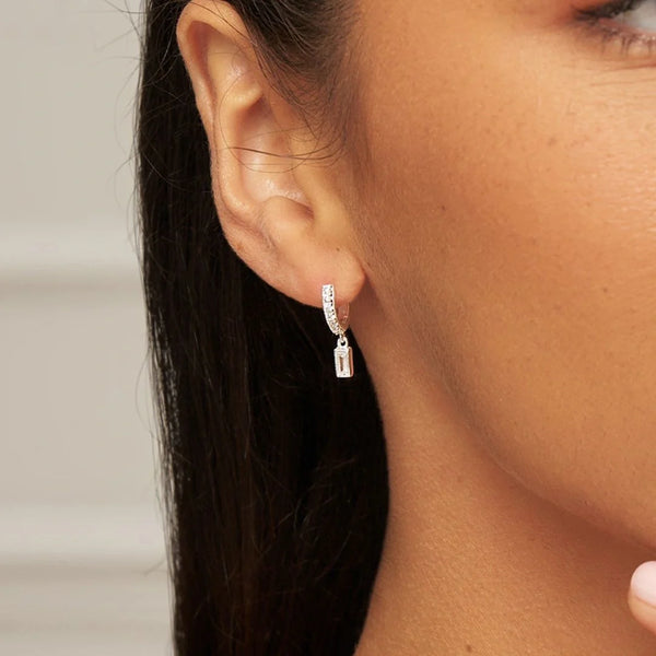 Silver Diamond Style Baguette Drop Huggie Hoop Earrings