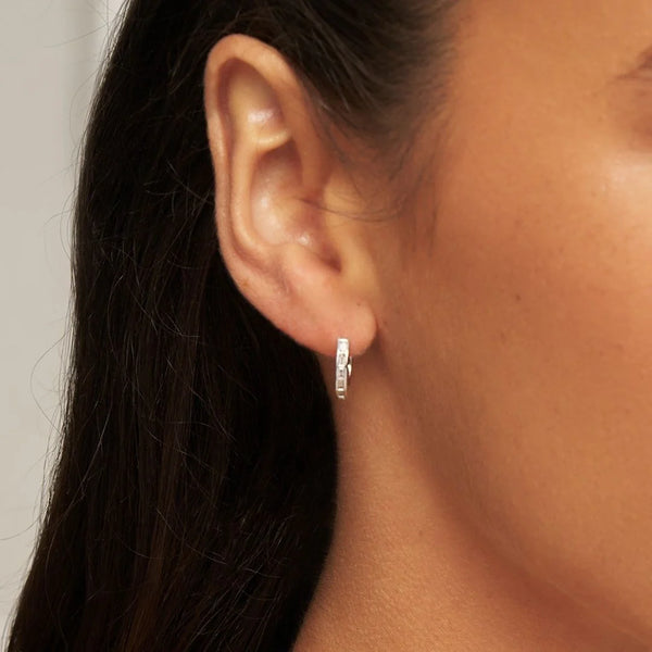 Silver Diamond Style Baguette Medium Hoop Earrings