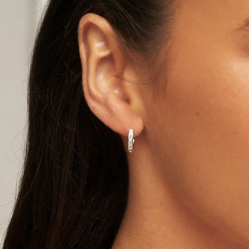 Silver Diamond Style Baguette Medium Hoop Earrings