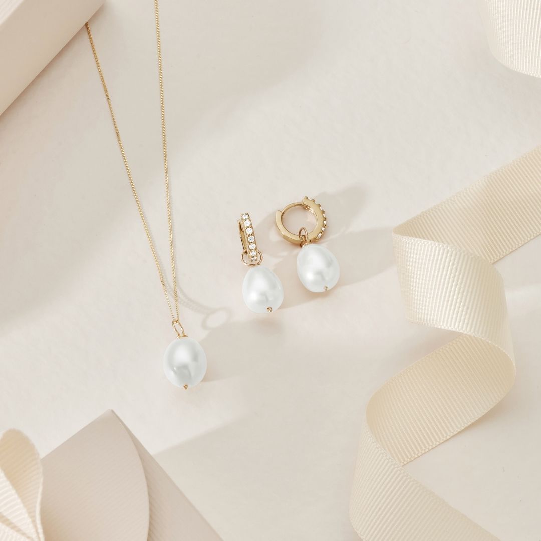 Gold-Tone Pearl-Style Drop Huggie Earrings and Large Pearl-Style Necklace Set