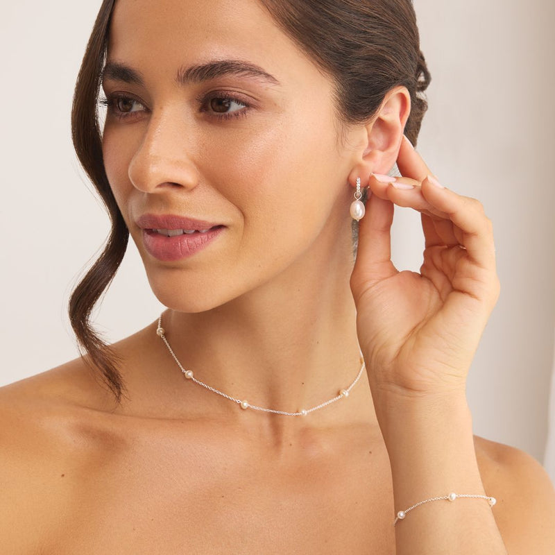 Solid White Gold Genuine Diamond Huggie Pearl Drop Earrings