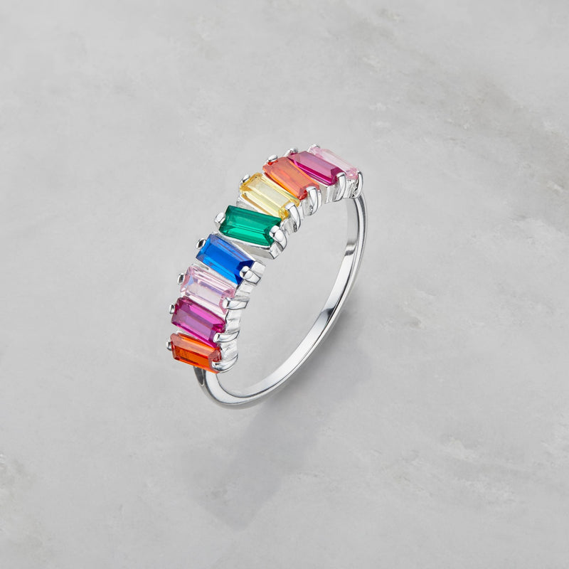 Silver Rainbow Gemstone Cluster Ring