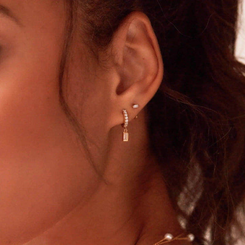 Gold Diamond Style Baguette Lobe Hoop Earrings