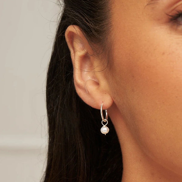 Solid White Gold Small Pearl Drop Hoop Earrings