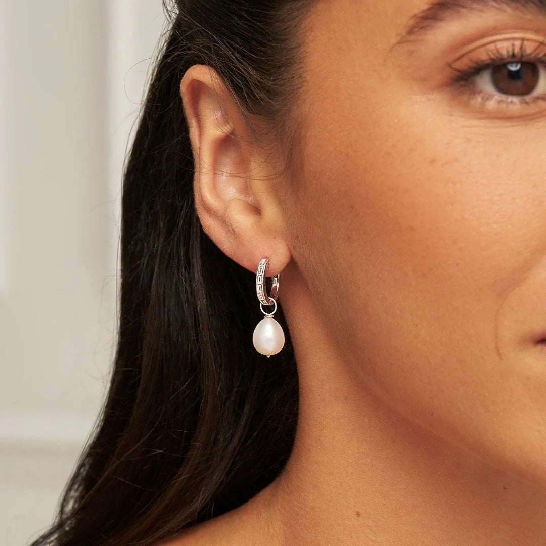 Silver Diamond Style Baguette Pearl Drop Hoop Earrings