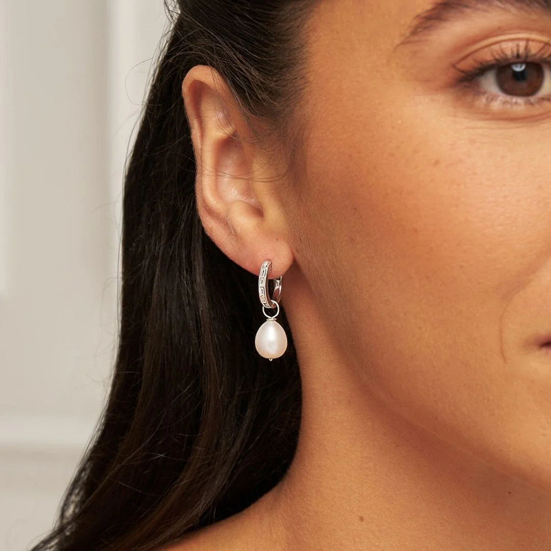 Silver Diamond Style Baguette Pearl Drop Hoop Earrings