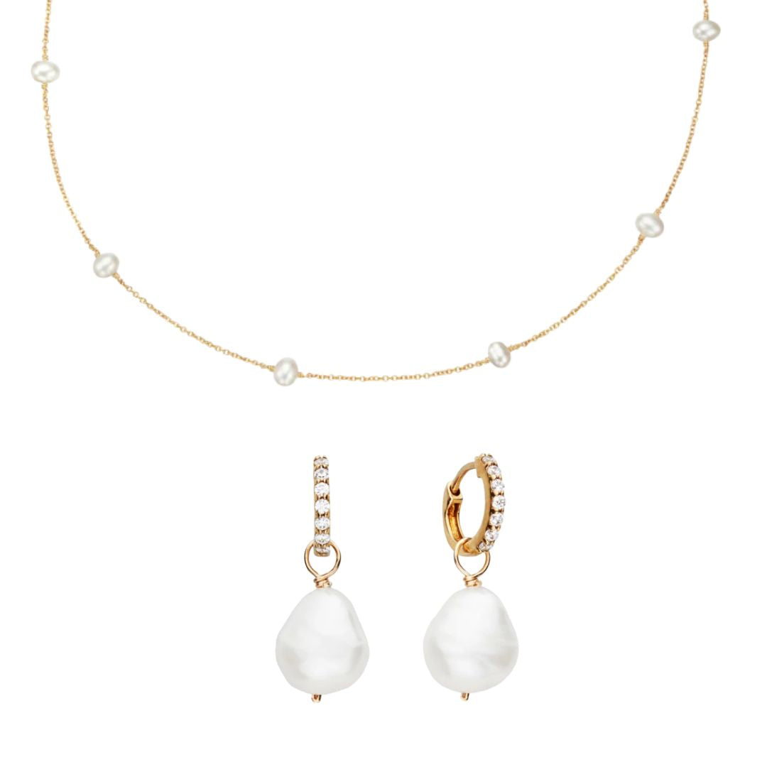 Gold-Tone Pearl-Style Drop Huggie Earrings and Beaded Choker Set