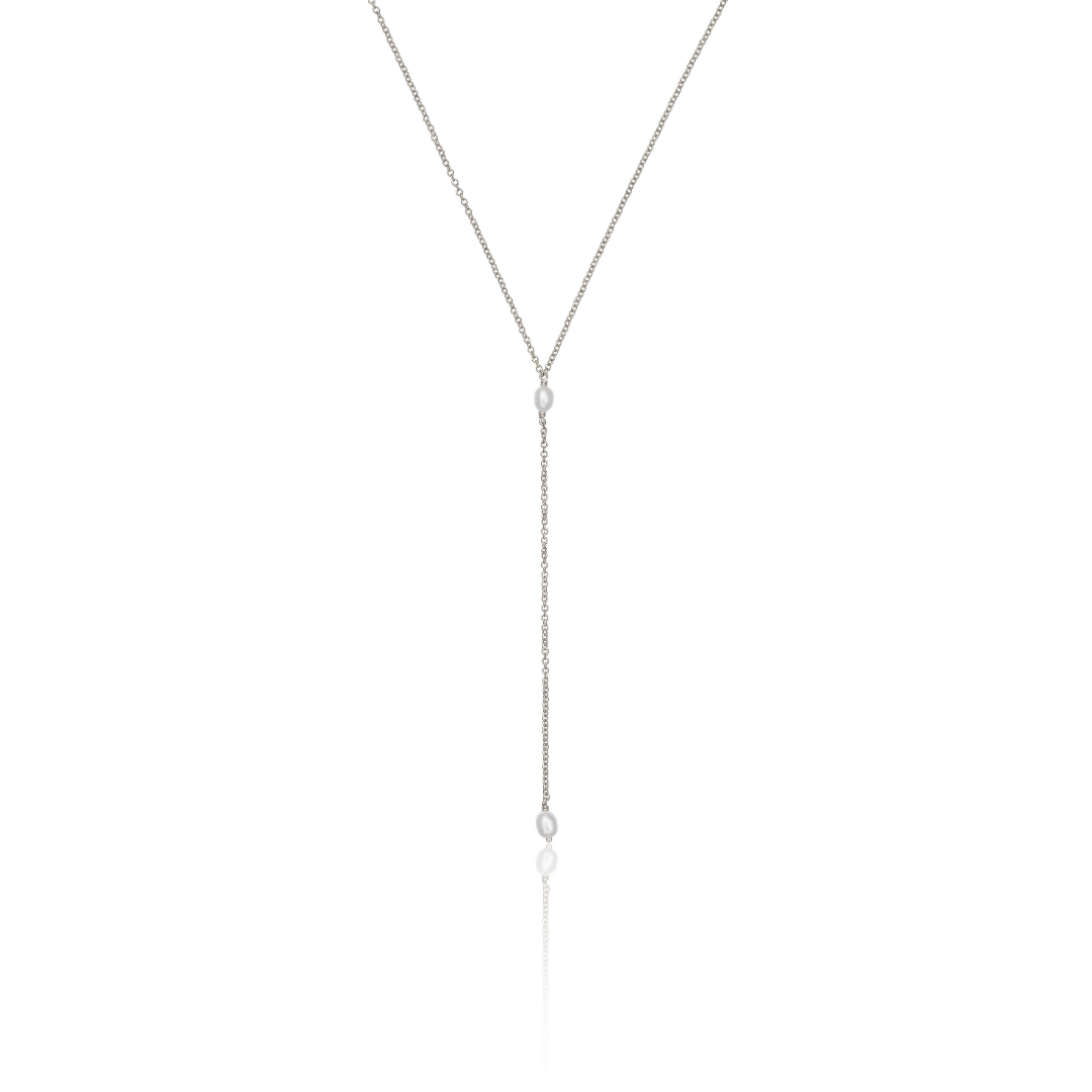 White Gold-Tone Double Seed Pearl-Style Lariat Necklace