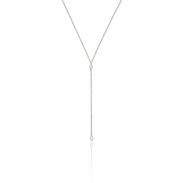 Solid White Gold Double Seed Pearl Lariat Necklace