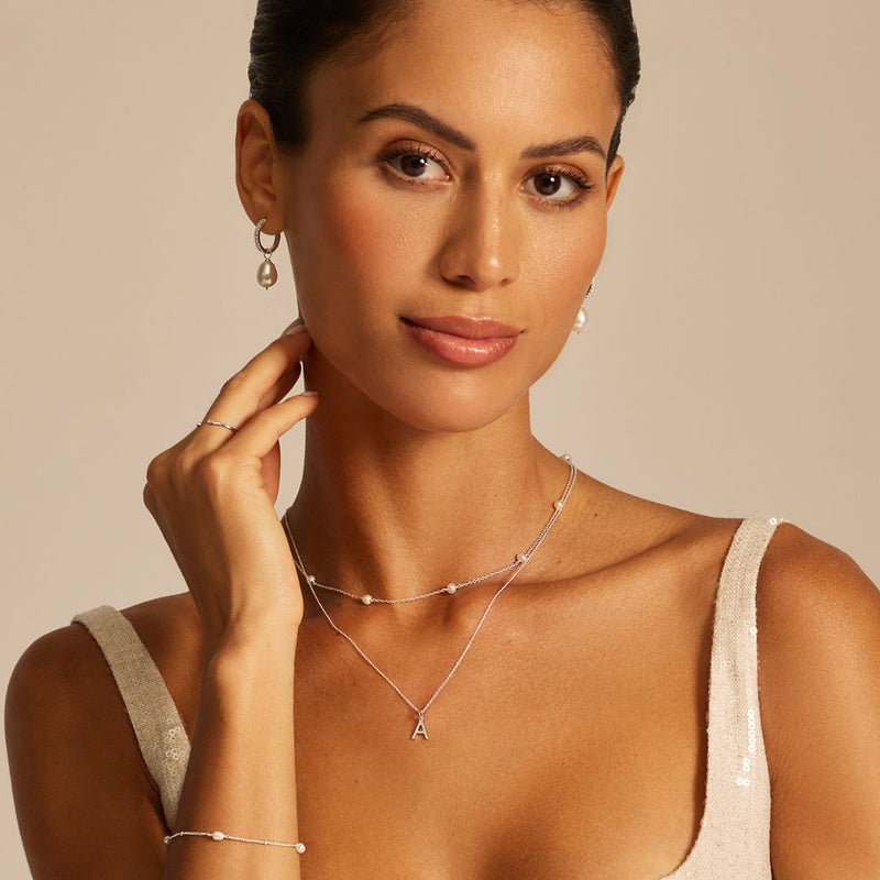 Silver Diamond Style Large Pearl Drop Hoop Earrings