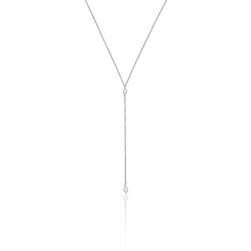 Silver Double Seed Pearl Lariat Necklace