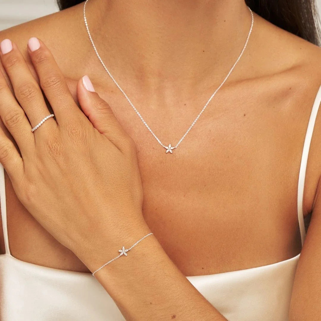 Silver-Tone Crystal-Style Flower Necklace