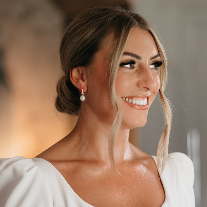 Gold Huggie Pearl Drop Earrings