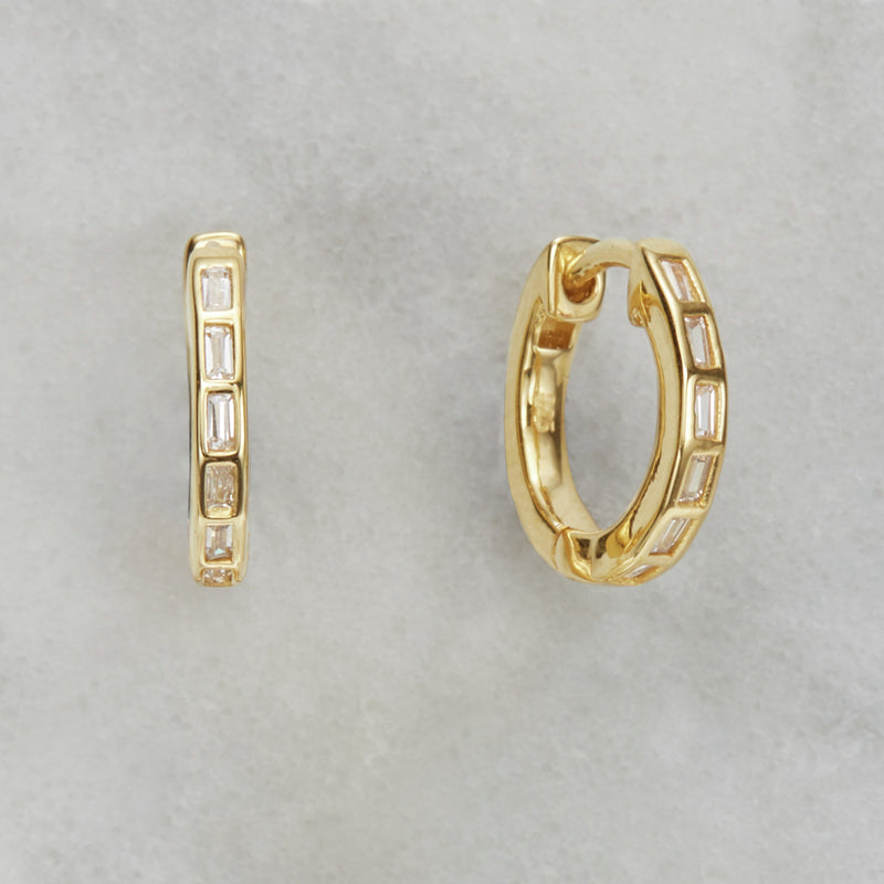 Silver Diamond Style Baguette Medium Hoop Earrings