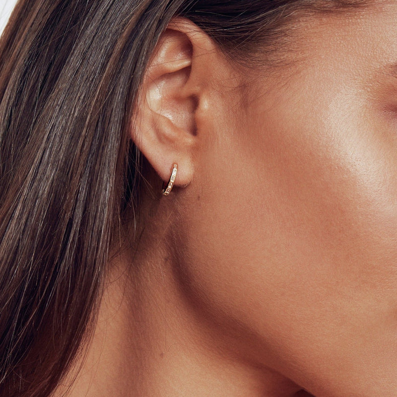 Gold Diamond Style Baguette Pearl Drop Hoop Earrings