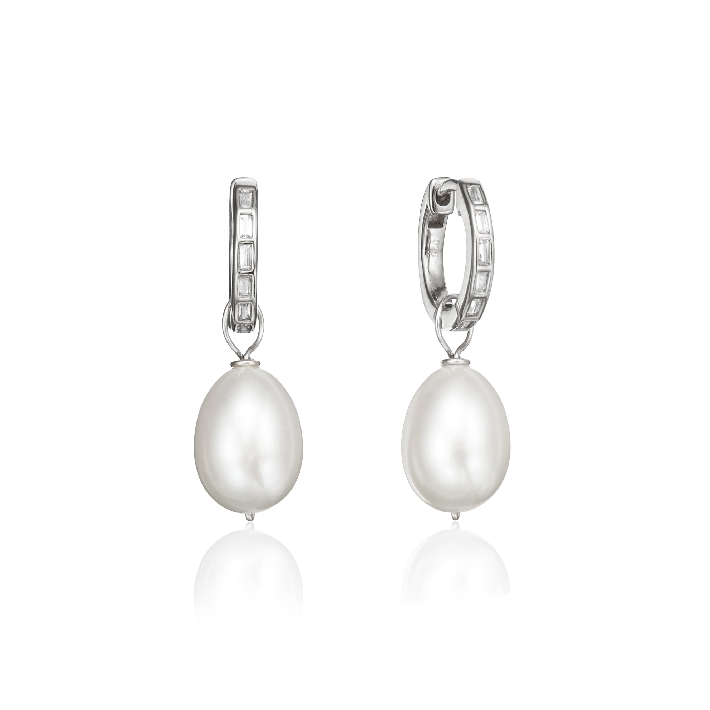 Silver Diamond Style Baguette Pearl Drop Hoop Earrings