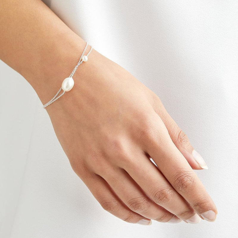Solid White Gold Layered Large and Small Pearl Bracelet