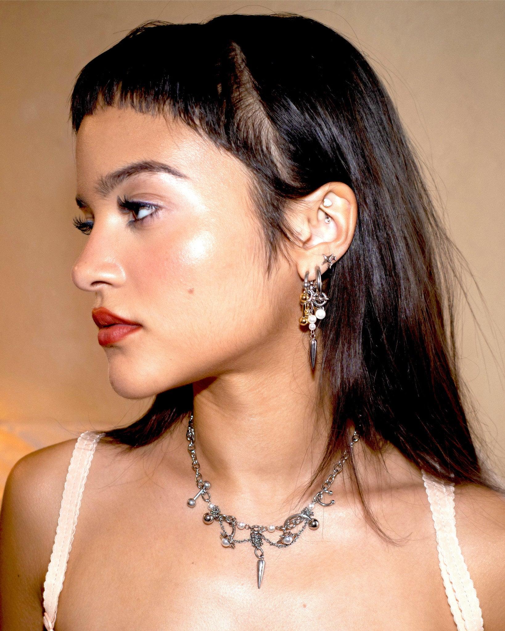 Brazen Ballad Spike Necklace with Pearl-Style Accents in Silver-Tone