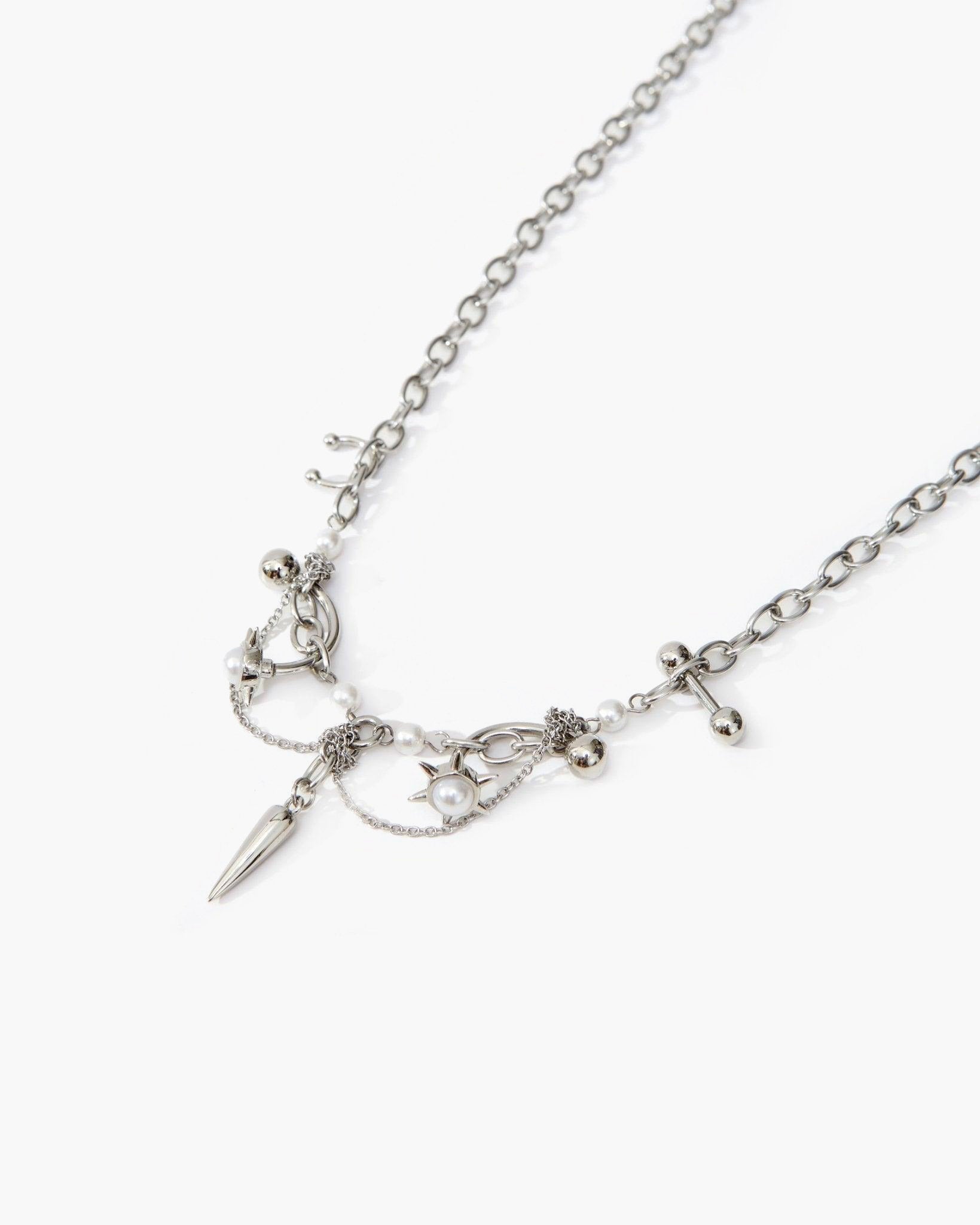 Brazen Ballad Spike Necklace with Pearl-Style Accents in Silver-Tone