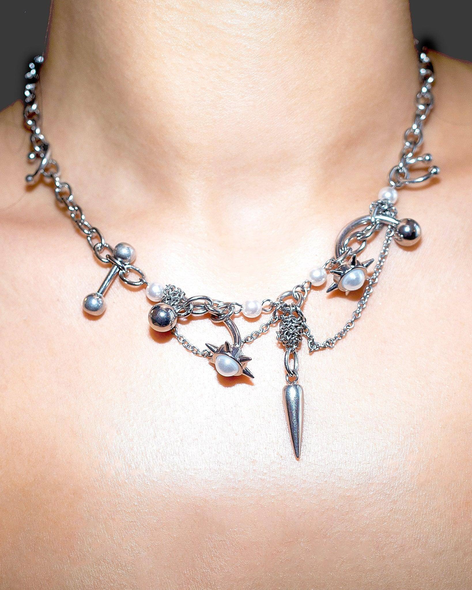 Brazen Ballad Spike Necklace with Pearl-Style Accents in Silver-Tone