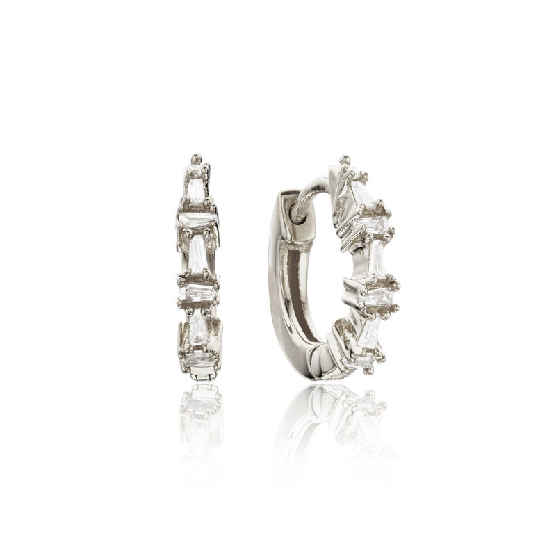 Silver Diamond Style Baguette Huggie Hoop Earrings
