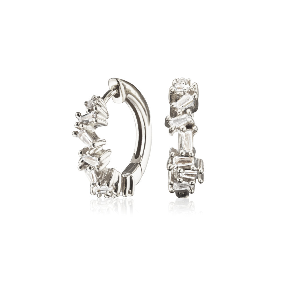 Silver Diamond Style Jagged Huggie Hoop Earrings