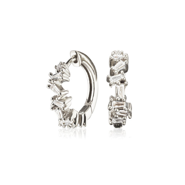 Silver Diamond Style Jagged Huggie Hoop Earrings