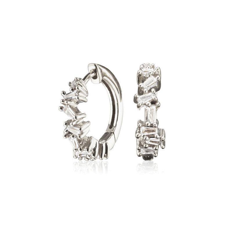 Silver Diamond Style Jagged Huggie Hoop Earrings