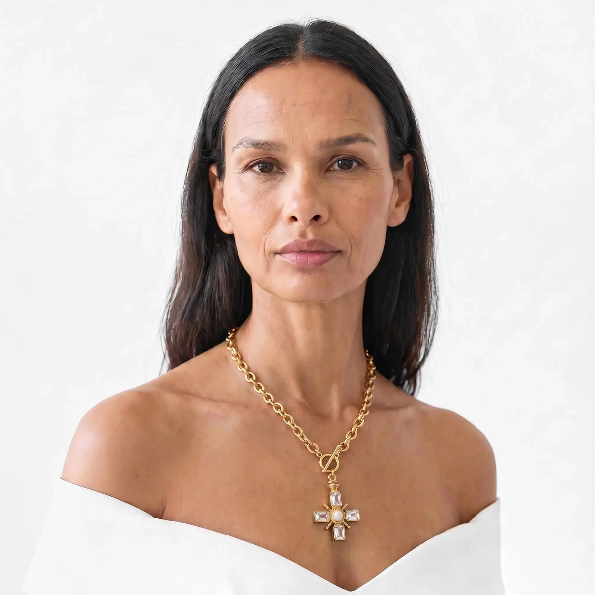 Celestial Compass Crystal-Style Cross Pendant Necklace in Gold-Tone