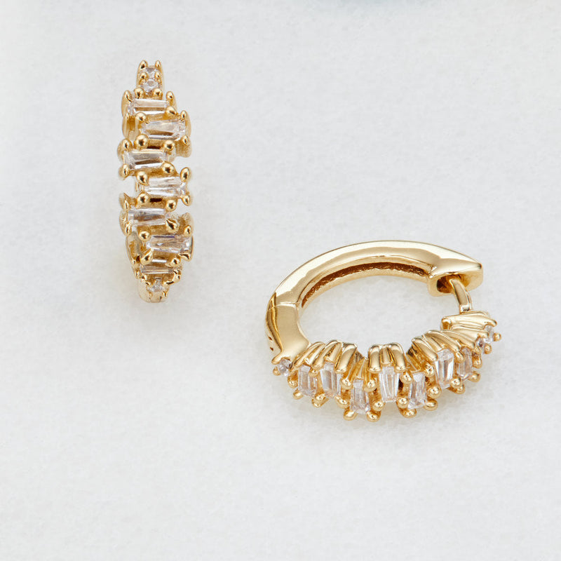 Gold Diamond Style Stacked Baguette Huggie Hoop Earrings