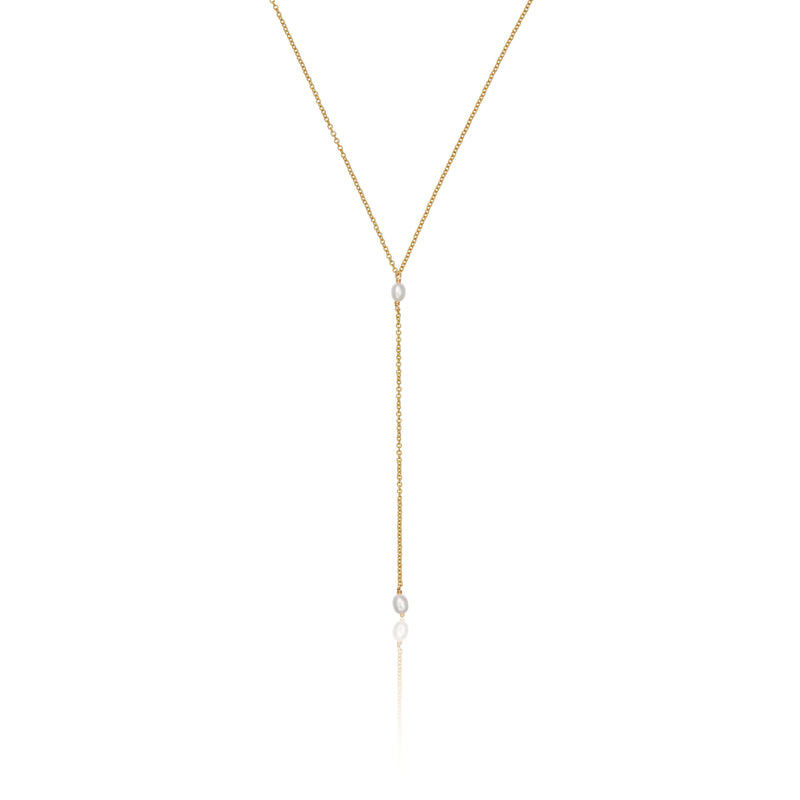 Gold Double Seed Pearl Lariat Necklace
