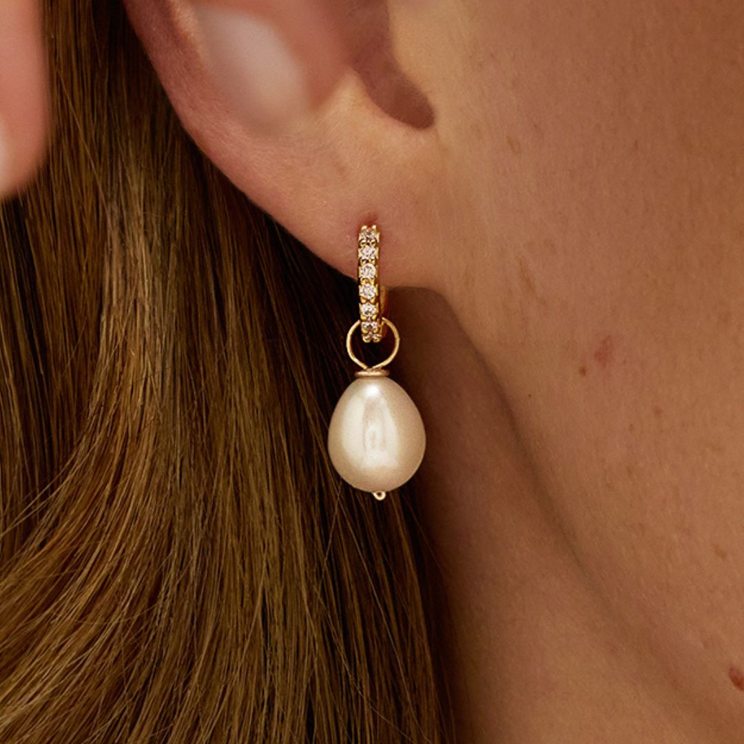 Gold-Tone Pearl-Style Drop Huggie Earrings and Large Pearl-Style Necklace Set